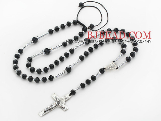 Long Style Black Color Manmade Crystal Y Shape Extedable Necklace with Cross Pendant