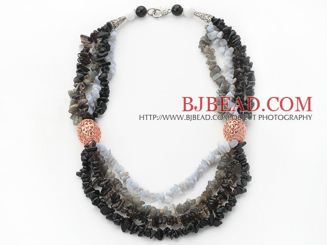 Black Series Multi Strands Flash Stone and Smoky Quartz Chips Necklace