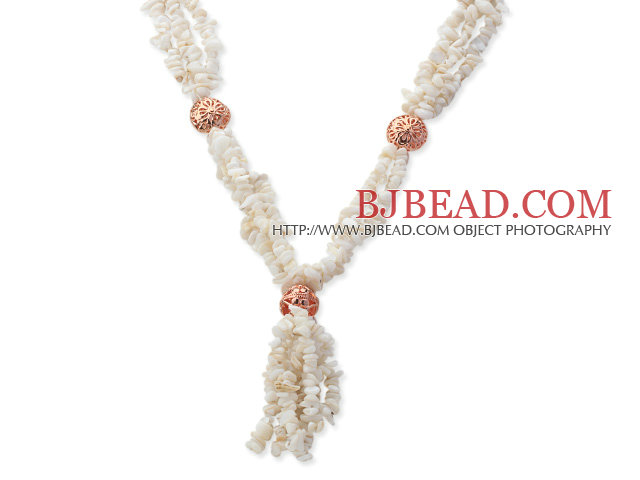 White Shell Chips Y Shape Necklace with Golden Rose Color Flower Ball Accessories