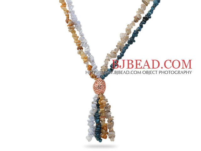 Kyanite and Yellow Jade and Rutilated Quartz and Agate Chips Y Shape Necklace