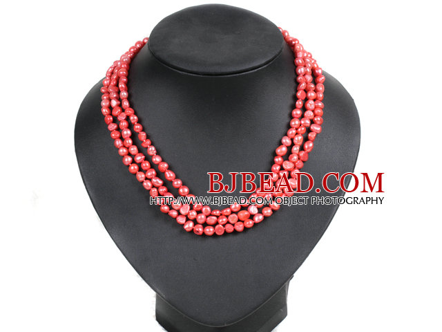 Fashion Style 3 Strand Natural Red Freshwater Pearl Necklace