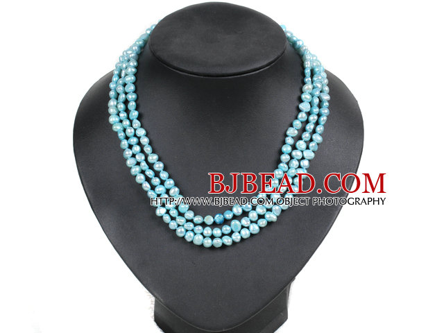 Fashion Style 3 Strand Natural Light Blue Freshwater Pearl Necklace