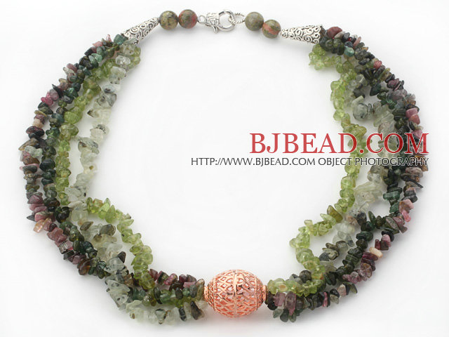 Green Series Multi Strands Tourmaline and Olive and Prehnite Chips Necklace