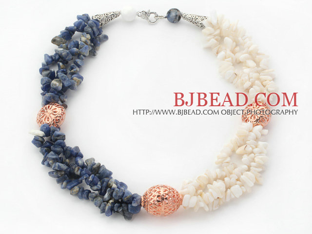 White and Blue Series Multi Strands White Shell and Sodalite Chips Necklace