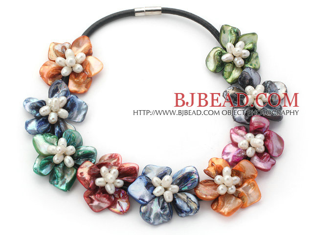 Assorted Multi Color Shell Flower and White Freshwater Pearl Leather Necklace