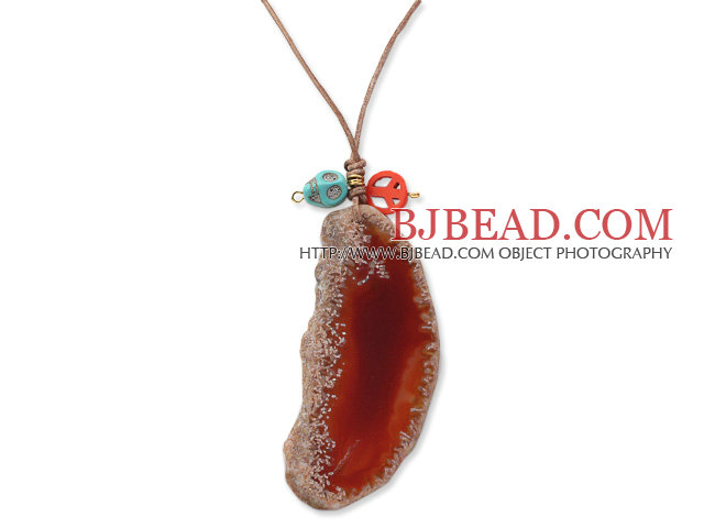 Simple Style Natural Red Carnelian Slice Pendant Necklace with Brown Leather