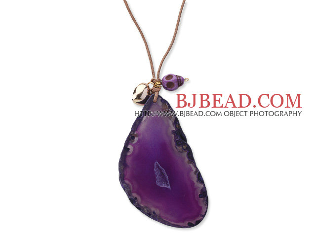 Simple Style Natural Purple Agate Slice Pendant Necklace with Brown Leather