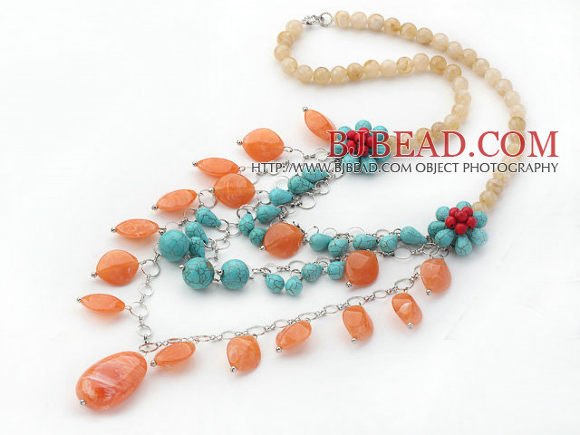Three Layer Green Turquoise and Light Yellow Color Acrylic Necklace with Turquoise Flower