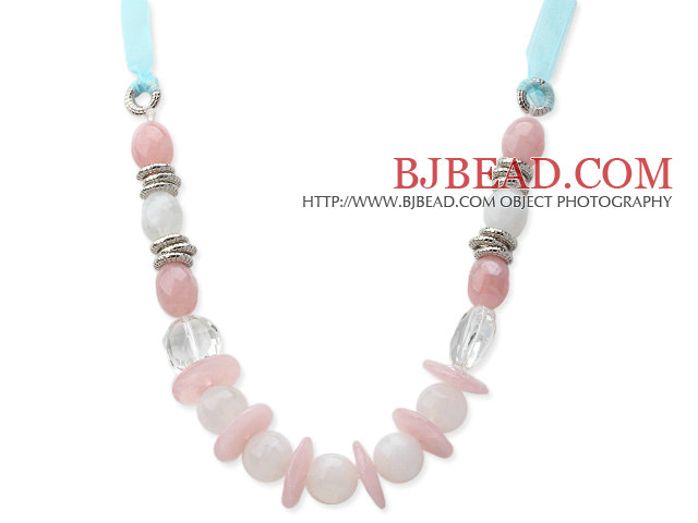 Pink and White Acrylic Necklace with Light Blue Ribbon