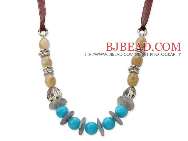 Blue and Light Yellow Acrylic Necklace with Reddish Brown Ribbon