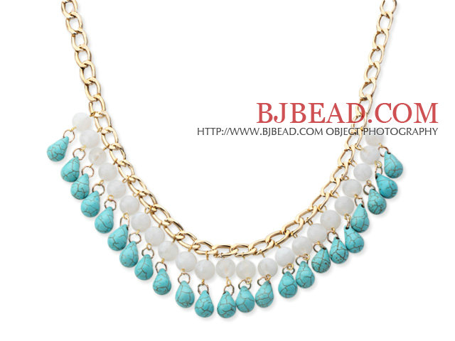 Fashion Style Drop Turquoise and White Acrylic Tassel Necklece with Golden Color Metal Chain