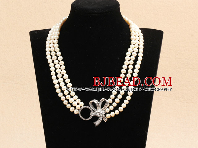 Best Mother Gift Graceful Three Strand Natural White Pearl Party Necklace With Rhinestone Bowknot Clasp