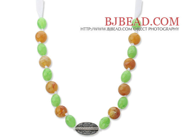 Assorted Green and Bronw Color Acrylic Necklace with White Ribbon