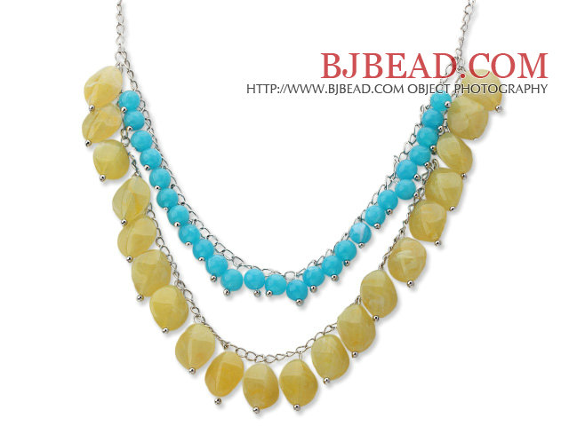Fashion Style Two Layer Blue and Lemon Color Acrylic Necklace with Metal Chain