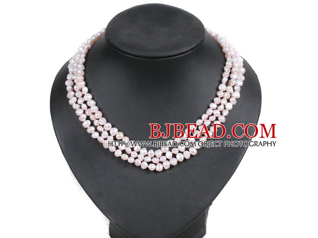 Fashion Style 3 Strand Natural Light Pretty Pink Freshwater Pearl Necklace