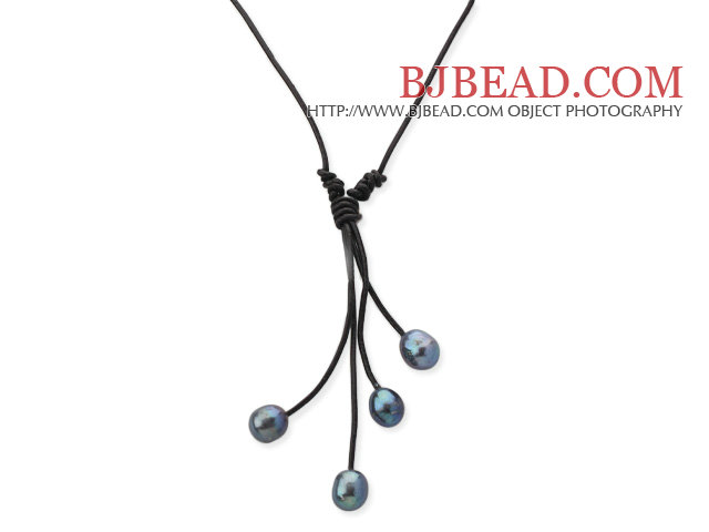 Simple Style 10-11mm Black Freshwater Pearl Leather Y Shape Necklace with Black Leather