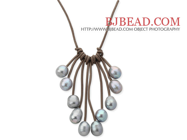 Fan Shape 10-11mm Gray Freshwater Pearl Leather Necklace with Light Brown Leather