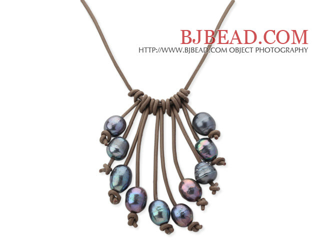Fan Shape 10-11mm Black Freshwater Pearl Leather Necklace with Light Brown Leather