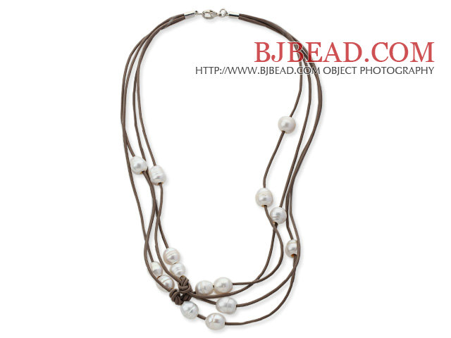 Multi Strands 10-11mm White Freshwater Pearl Leather Necklace with Light Brown Leather