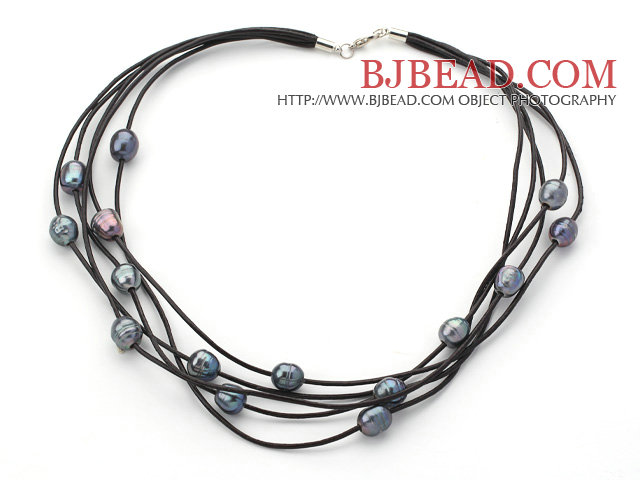 Multi Strands 10-11mm Black Freshwater Pearl Leather Necklace with Black Leather