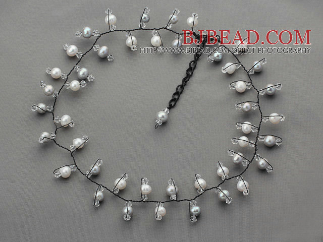 2013 Summer New Design Gray and White Freshwater Pearl and Clear Crystal Necklace