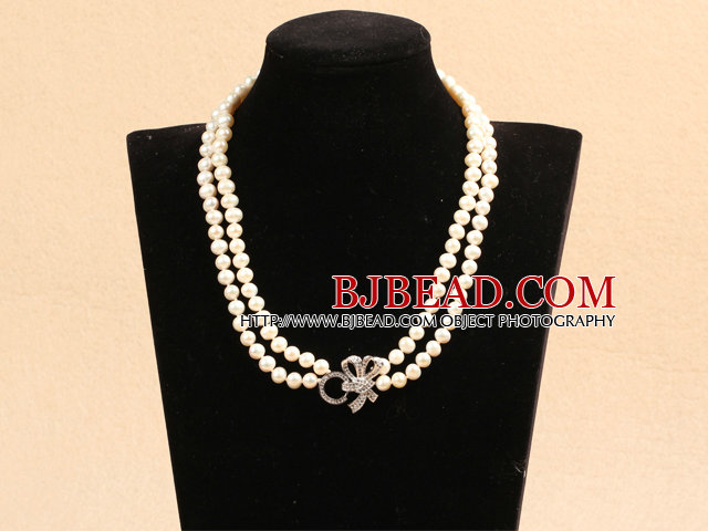 Best Mother Gift Graceful Double Strand Natural White Pearl Party Necklace With Rhinestone Bowknot Clasp