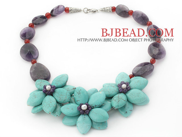 Elegant Style Assorted Amethyst and Carnelian and Turquoise Flower Necklace