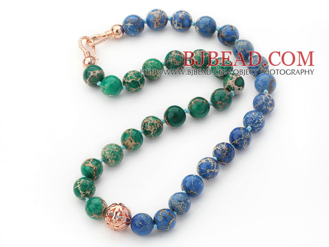 12mm Round Green and Blue Color Imperial Jasper Beaded Knotted Necklace with Golden Rose Color Metal Ball