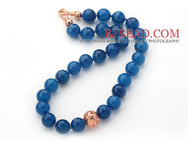14mm Round Faceted Blue Agate Beaded Knotted Necklace with Golden Rose Color Metal Ball