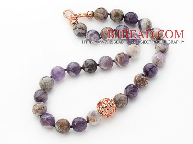 14mm Round Snow Amethyst Beaded Knotted Necklace with Golden Rose Color Metal Ball