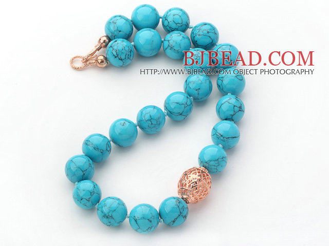 18mm Round Blue Turquoise with Black Wire Beaded Knotted Necklace with Golden Rose Color Metal Ball