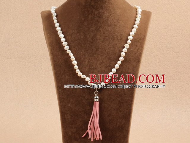 Hot Sale Natural Potato Shape White Pearl Necklace with Pink Tassel Pendant