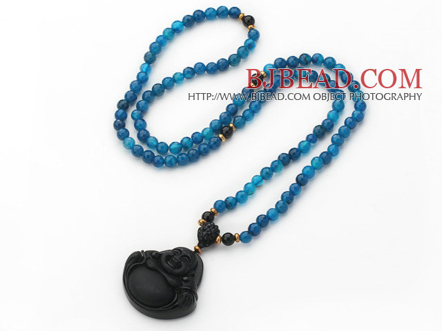 Medium Long Style Blue Agate Necklace with Black Onyx Laughing Buddha Pendant