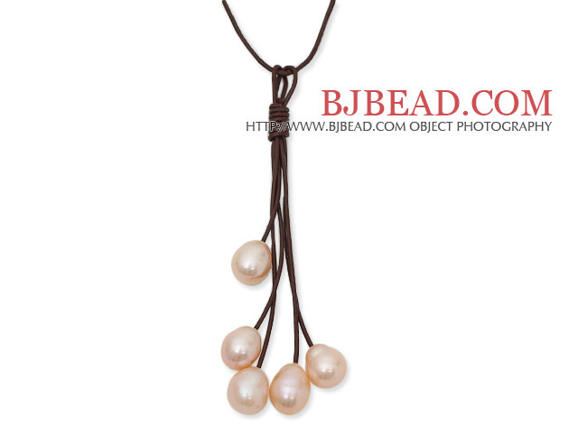 Simple Style 10-11mm Pink Freshwater Pearl Leather Tassel Necklace with Coffee Brown Leather
