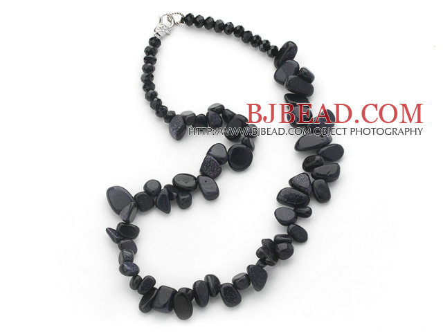Black and Blue Series Irregular Shape Top Drilled Blue Sandstone and Black Crystal Necklace
