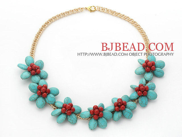 Assorted Green Turquoise and Red Coral Flower Necklace with Yellow Color Metal Chain