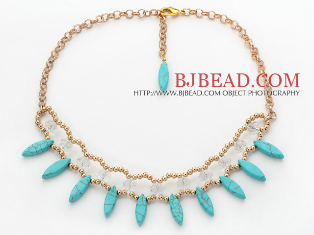 Assorted Eye Shape Green Turquoise and Clear Crystal Necklace with Yellow Color Metal Chain