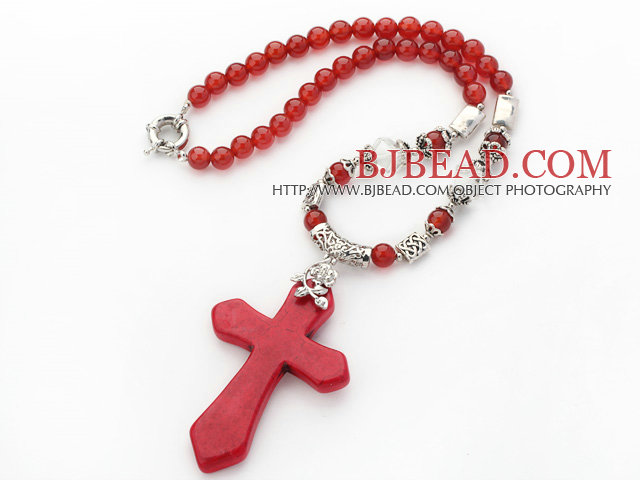 New Design Round Red Carnelian Necklace with Red Turquoise Cross Shape Pendant