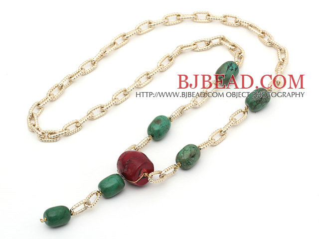 Drum Shape Natural Turquoise and Red Coral Y Shape Necklace with Yellow Color Metal Chain