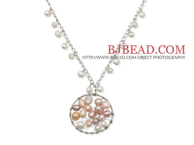 New Design White Freshwater Pearl Necklace with Wire Wrapped Pearl Pendant and Metal Chain