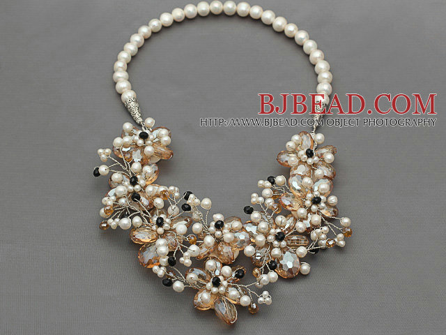 White Freshwater Pearl and Champagne Color Crystal Flower Crocheted Necklace