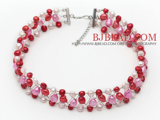 White Pink and Red Three Color Freshwater Pearl Wire Crocheted Choker Necklace