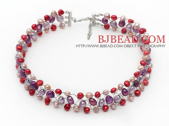 Red Pink and Violet Color Freshwater Pearl Wire Crocheted Choker Necklace