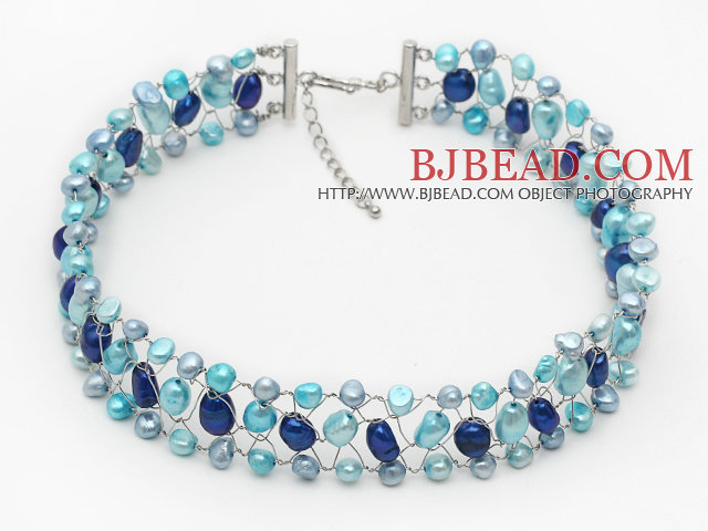 Blue Series Blue Color Freshwater Pearl Wire Crocheted Choker Necklace