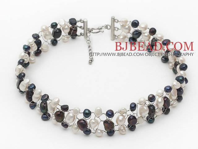 White and Black Color Freshwater Pearl Wire Crocheted Choker Necklace