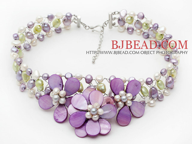 Elegant Style Violet Series Violet and Light Green Pearl and Violet Shell Flower Crocheted Necklace