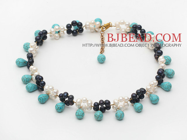 Assorted Black and White Freshwater Pearl and Drop Shape Turuqoise Choker Necklace