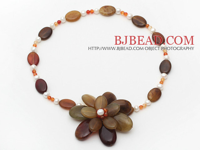 White Freshwater Pearl and Three Colored Jade Flower Necklace