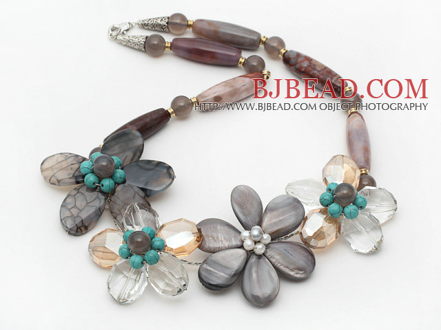Gray Series Barrel Shape Agate and Gray Shell and Turquoise Flower Necklace