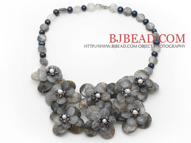 Gray Series Smoky Crystal and Black Freshwater Pearl Flower Necklace